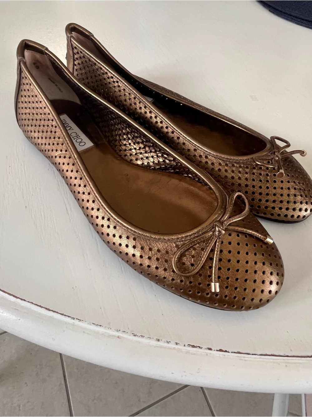 Jimmy Choo Metallic Bronze Perforated Bow Ballet Flats